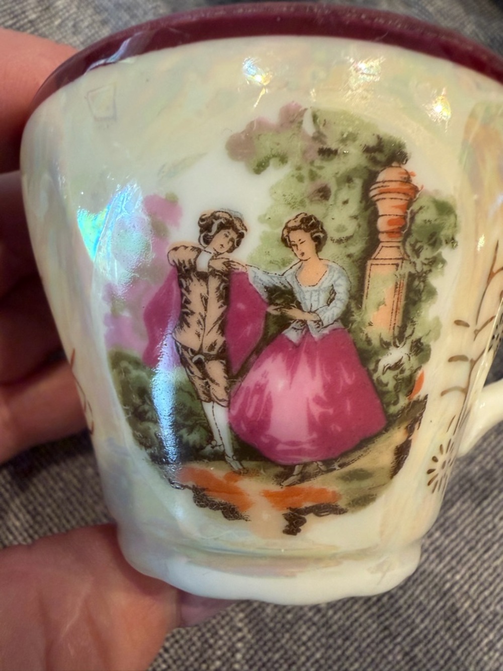 Vintage Jay’s Japan Lusterware Demitasse 4 Cup & Saucer Courting Scene Pink Rim